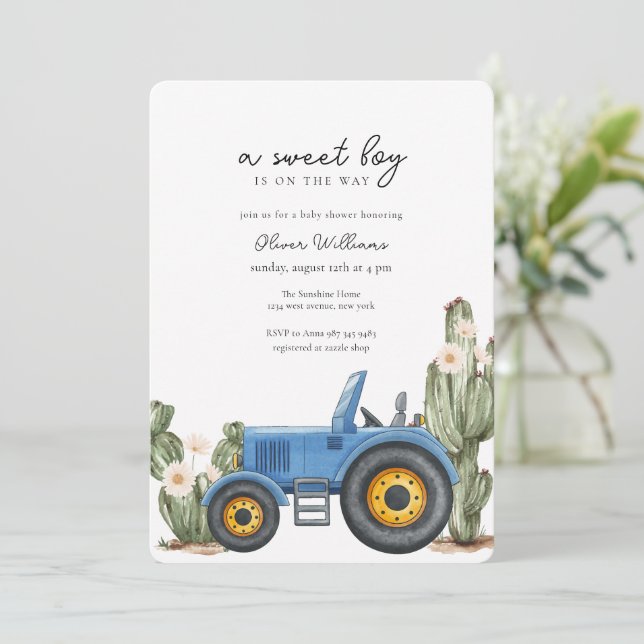 Blue Tractor Cactus Desert Baby Shower  Invitation (Standing Front)