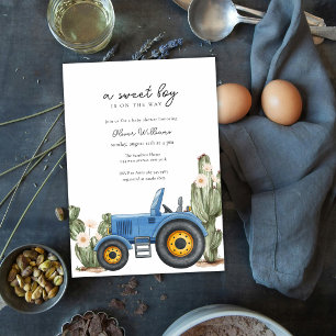 Blue Tractor Cactus Desert Baby Shower Invitation