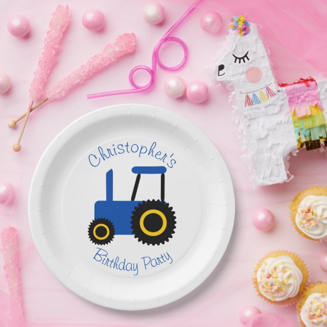 Blue Tractor Design Birthday Party Paper Plate (Party)