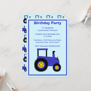 Blue Tractor Design Personalised Birthday Party Invitation