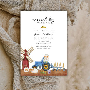 Blue Tractor Farm Animal Sheep Baby Shower Invitation