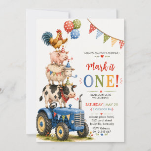 Blue Tractor Farm Animals First Birthday Invitation
