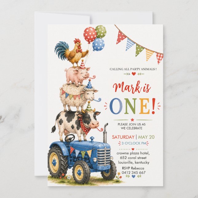 Blue Tractor Farm Animals First Birthday Invitation (Front)