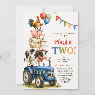 Blue Tractor Farm Animals Second Birthday Invitation