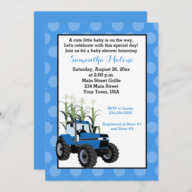 Blue Tractor Farming Baby Shower Invitation (Front/Back)