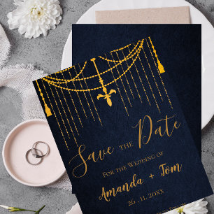 Blue Traditional Gold Twirls Pretty Luxury Wedding Announcement Postcard