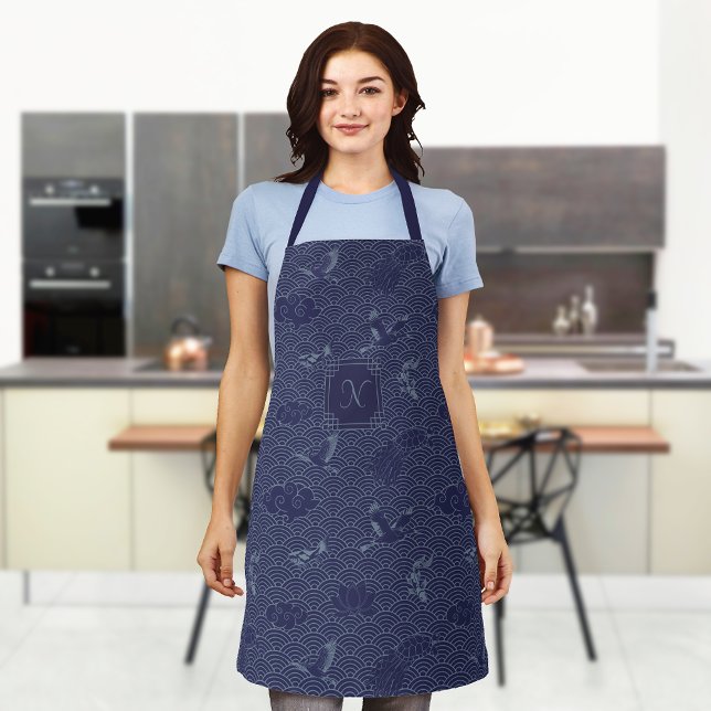 Blue Traditional Japanese Wave Seigaiha Monogram Apron (Creator Uploaded)