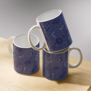 Blue Traditional Japanese Wave Seigaiha Monogram Coffee Mug