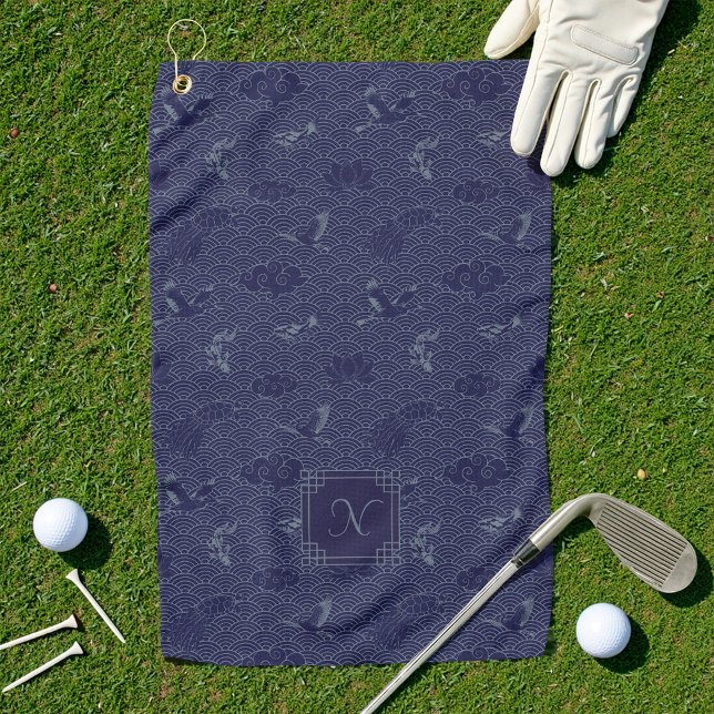 Blue Traditional Japanese Wave Seigaiha Monogram Golf Towel (Creator Uploaded)