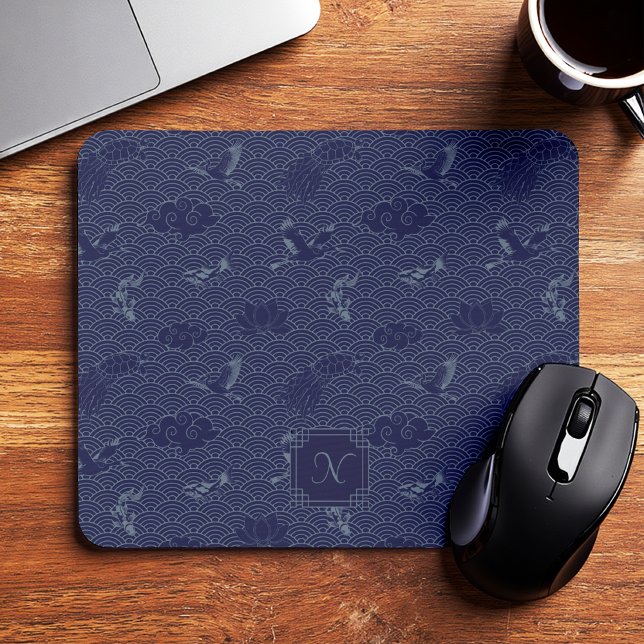 Blue Traditional Japanese Wave Seigaiha Monogram Mouse Pad (Creator Uploaded)
