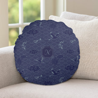 Blue Traditional Japanese Wave Seigaiha Monogram Round Cushion