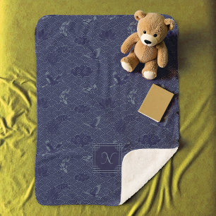 Blue Traditional Japanese Wave Seigaiha Monogram Sherpa Blanket