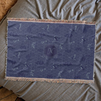 Blue Traditional Japanese Wave Seigaiha Monogram Throw Blanket