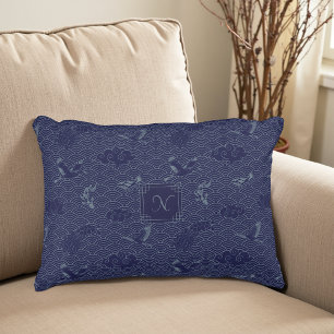 Blue Traditional Japanese Wave Seigaiha Pattern Decorative Cushion