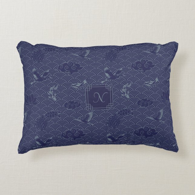 Blue Traditional Japanese Wave Seigaiha Pattern Decorative Cushion (Front)