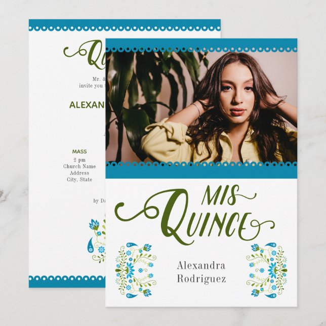 Blue Traditional Mexican Floral Photo Quinceanera Invitation (Front/Back)