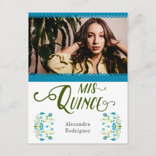 Blue Traditional Mexican Floral Photo Quinceanera Invitation Postcard