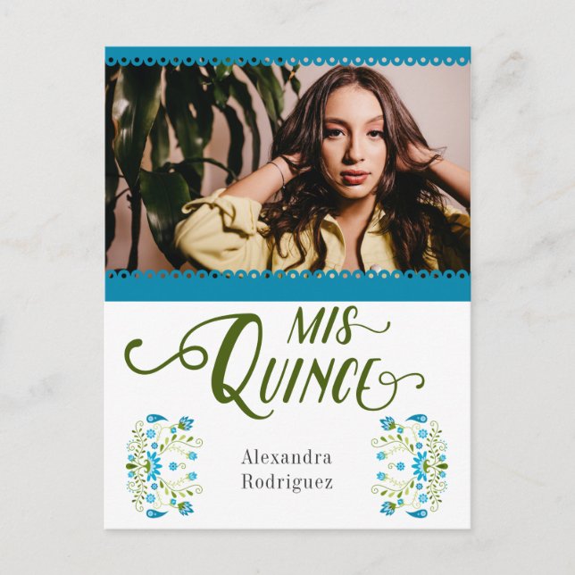 Blue Traditional Mexican Floral Photo Quinceanera Invitation Postcard (Front)