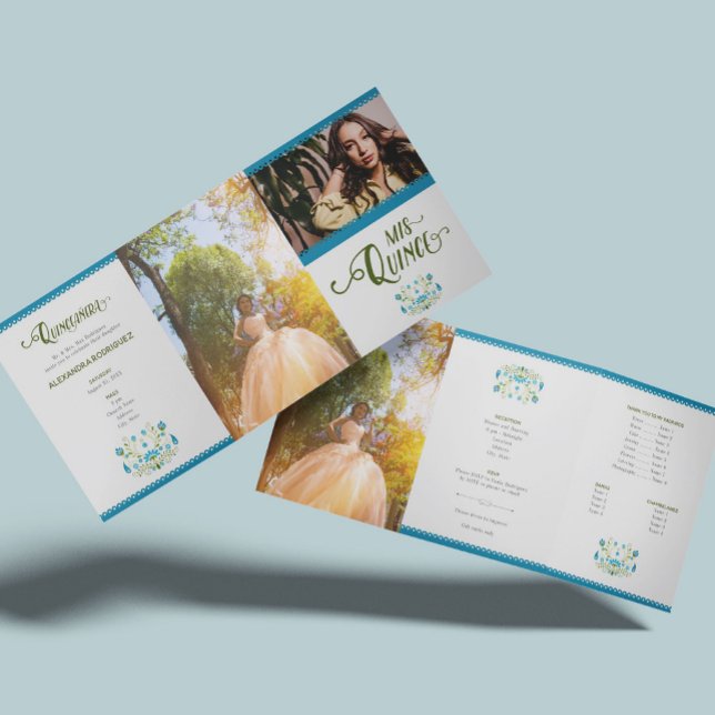 Blue Traditional Mexico Floral Photo Quinceanera Tri-Fold Invitation (Creator Uploaded)