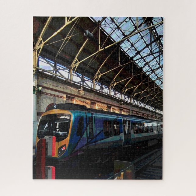 Blue train , at the station jigsaw puzzle (Vertical)