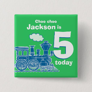 Blue train birthday name and age 5 green badge