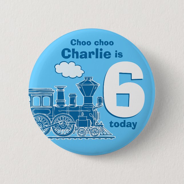 Blue train birthday name and age button / badge (Front)