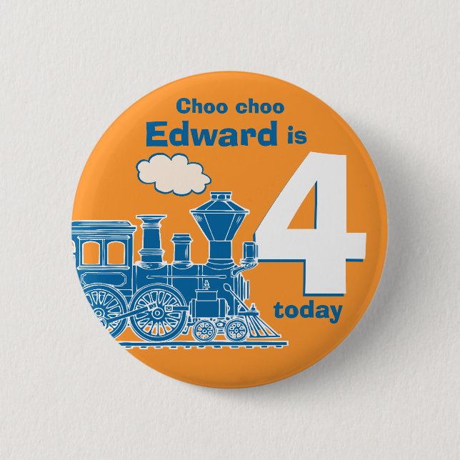 Blue train birthday name and age orange badge (Front)
