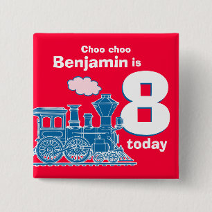 Blue train birthday name and age red badge