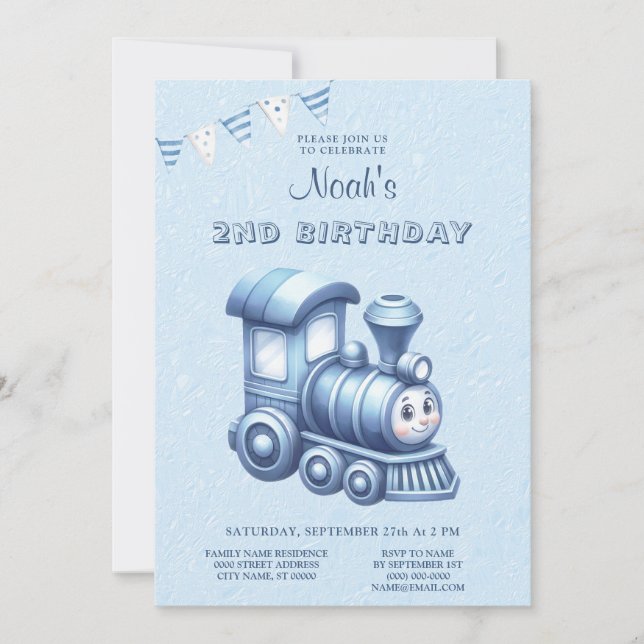 Blue Train Birthday Party Invitation (Front)