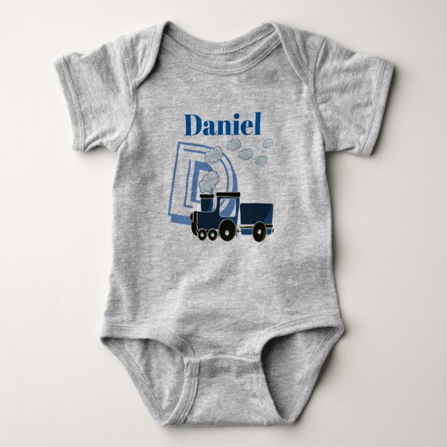 Blue Train Design Personalised Baby Grow Baby Bodysuit (Front)