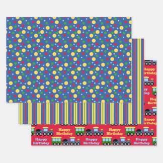 Blue Train Engine and Coal Car Birthday  Wrapping Paper Sheet