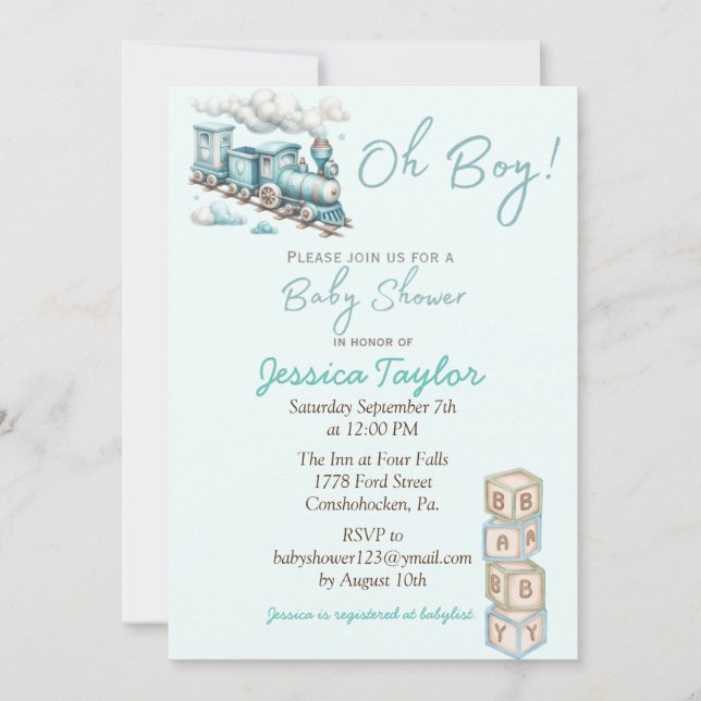 Blue Train Oh Boy baby shower invitation (Front)
