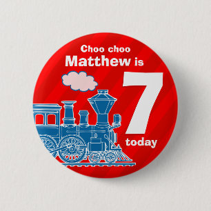 Blue train red birthday name age 7 button