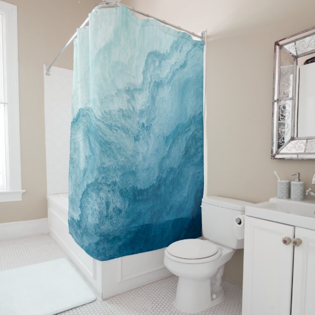 Blue Tranquil Ocean Waves Nature Abstract Art Shower Curtain (In Situ)
