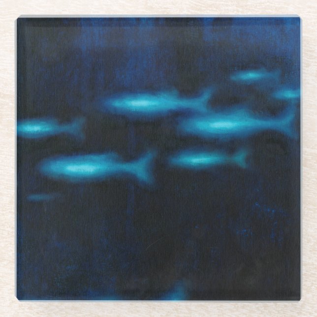 Blue Translucent Fish Silhouettes Glass Coaster (Front)