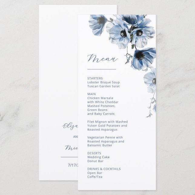 Blue Transparent Flowers Weddding Menu (Front/Back)