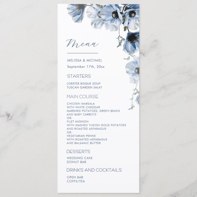 Blue Transparent Flowers Wedding Menu (Front)
