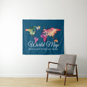 Blue Travel Agency Watercolor World Map Tapestry