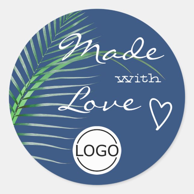 Blue Tree Leaf Made with Love Logo Image Template Classic Round Sticker (Front)
