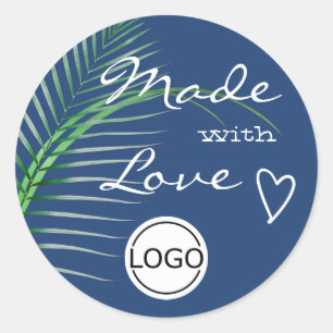 Blue Tree Leaf Made with Love Logo Image Template Classic Round Sticker
