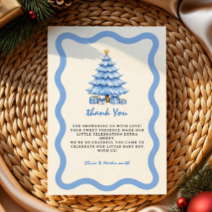 Blue tree merry little baby boy shower Thank you Card