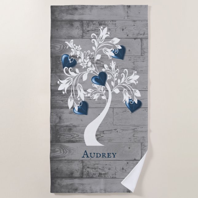 Blue Tree of Hearts Personalised Beach Towel (Front)