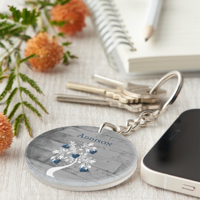 Blue Tree of Hearts Personalised Keychain (Front Right)