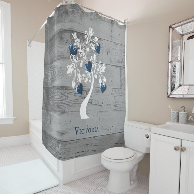 Blue Tree of Hearts Personalised Shower Curtain (In Situ)