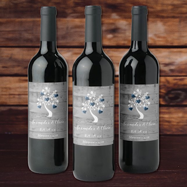 Blue Tree of Hearts Wedding Wine Label (Creator Uploaded)
