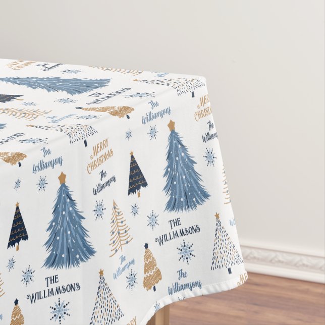 Blue Tree Pattern Modern Christmas Family Name Tablecloth (In Situ)