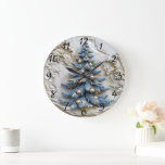 Blue tree with gold ornaments.  large clock<br><div class="desc">A beautifully crafted blue Christmas tree adorned with pearl-like ornaments and golden snowflakes,  set against a soft,  textured background of white and gold. The design captures the essence of winter wonder,  creating a joyful holiday atmosphere.</div>