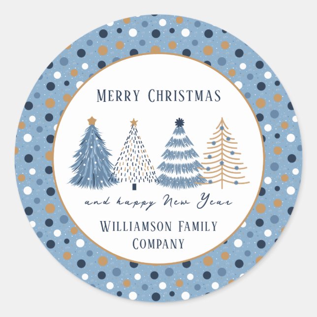 Blue Trees Dots Modern Text Christmas Holiday Classic Round Sticker (Front)