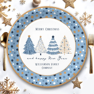 Blue Trees Dots Modern Text Christmas Holiday Paper Plate