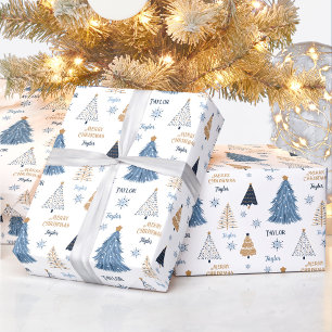 Blue Trees Modern Christmas Name Text Wrapping Paper